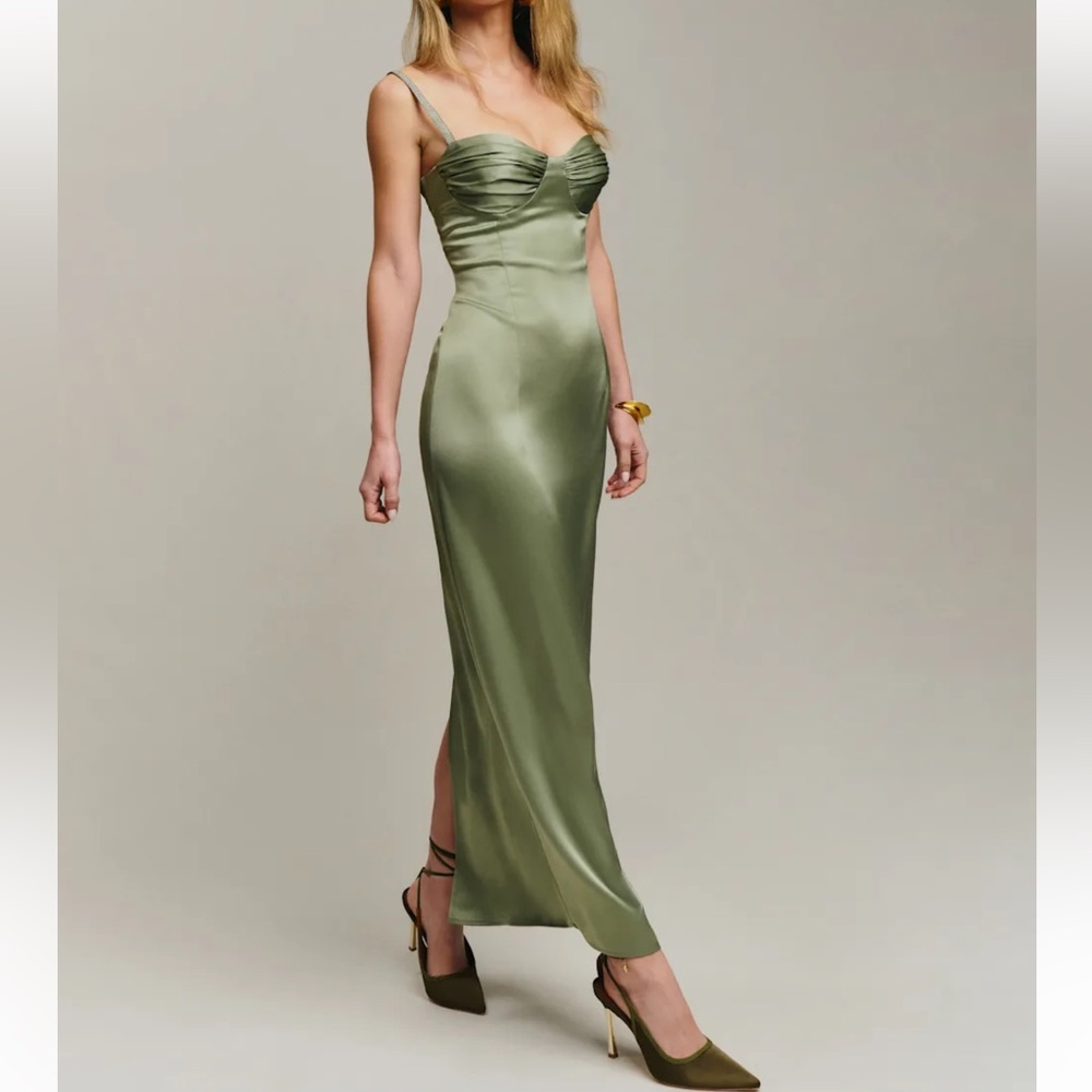 NEW Reformation Stormi Satin Dress in color Artichoke. Size 2